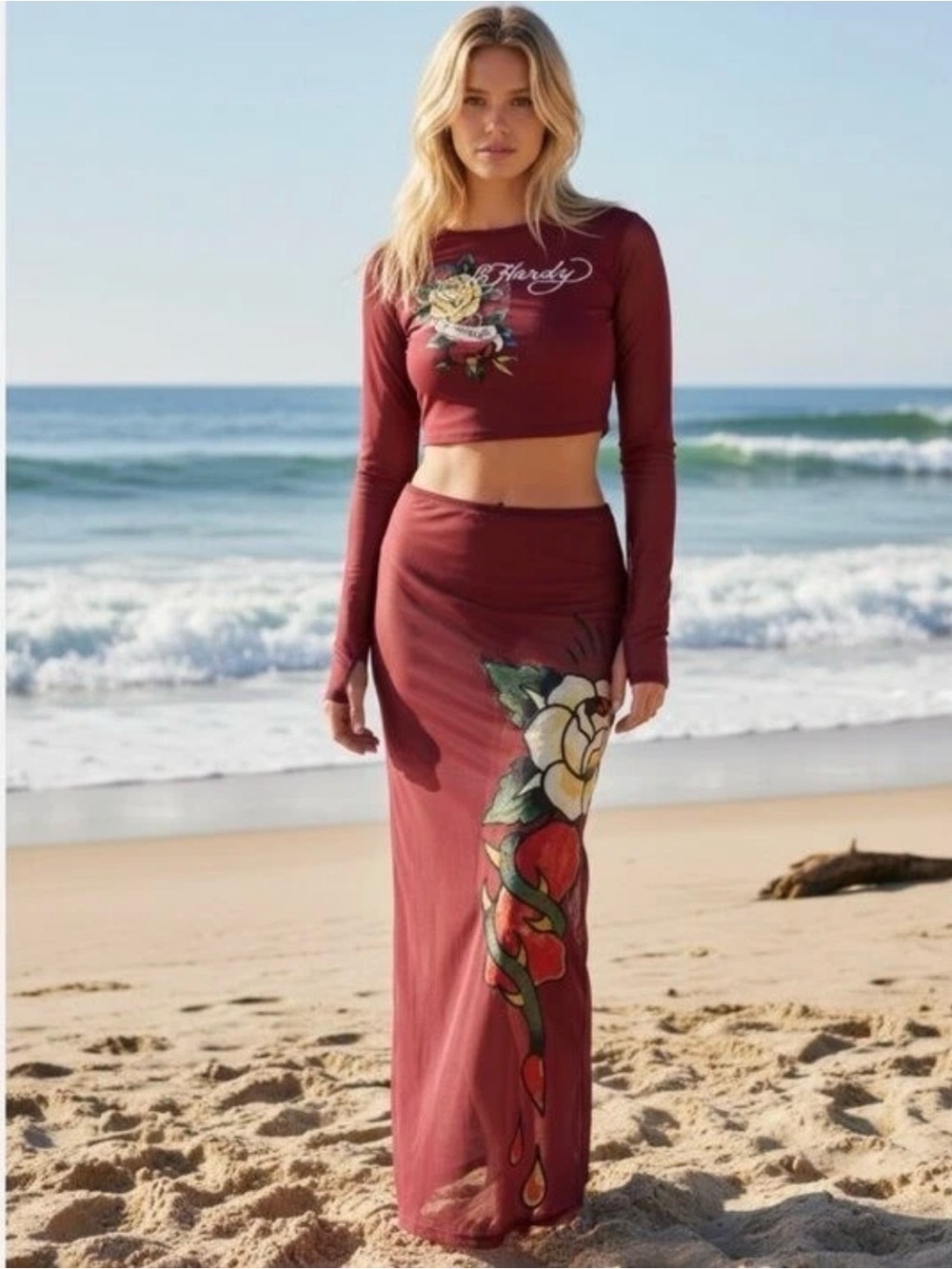 ED HARDY MESH RED SWIM SUIT COVER UP CROPPED TOP FULL LENGTH SKIRT NWT L Flaw